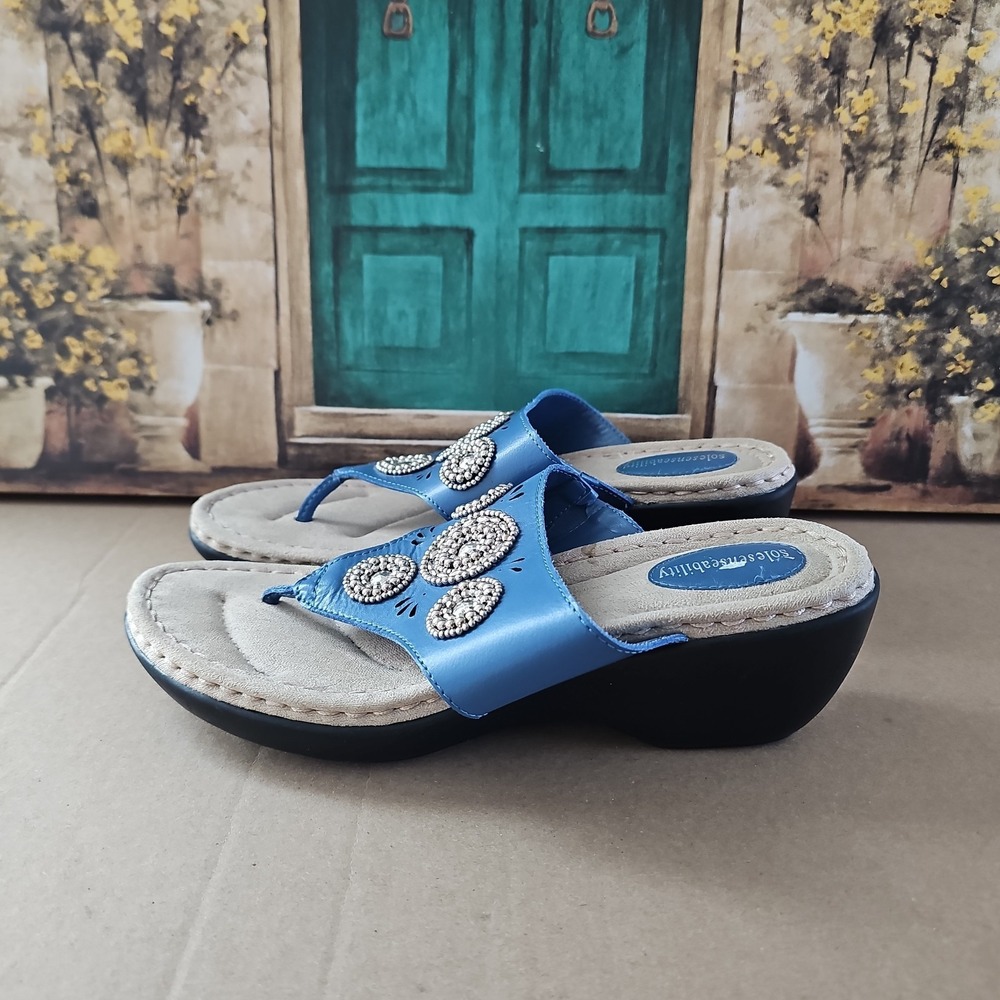 Sole Senseability Wedge Blue Embellished Sandals Women Size 9.5